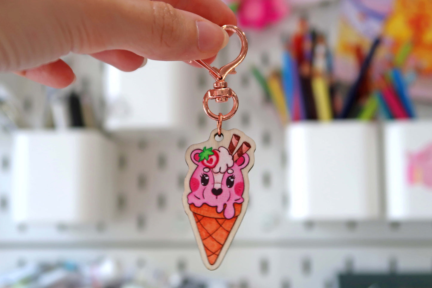 Wooden Strawberry Skunk Ice Cream Keyring