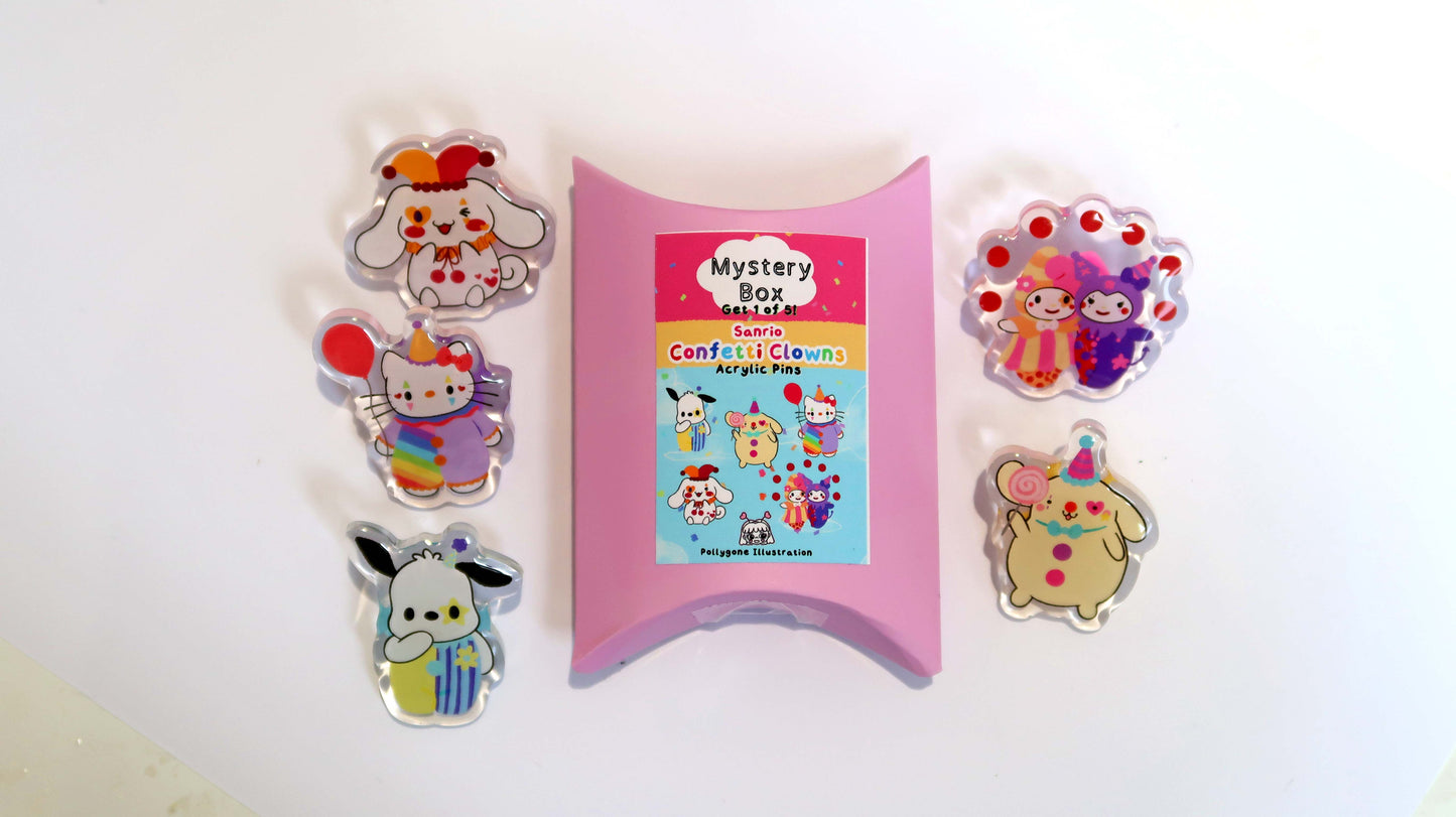Confetti Clowns Mystery Box Acrylic Pins Surprise inspired by Sanrio (fan merch)