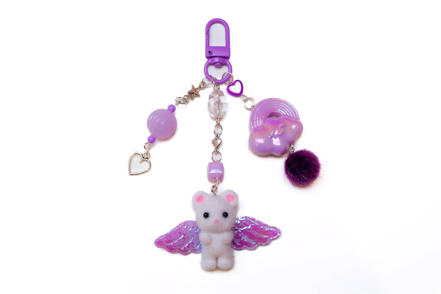 Fuzzy Purple & White Mouse Beaded Keyring