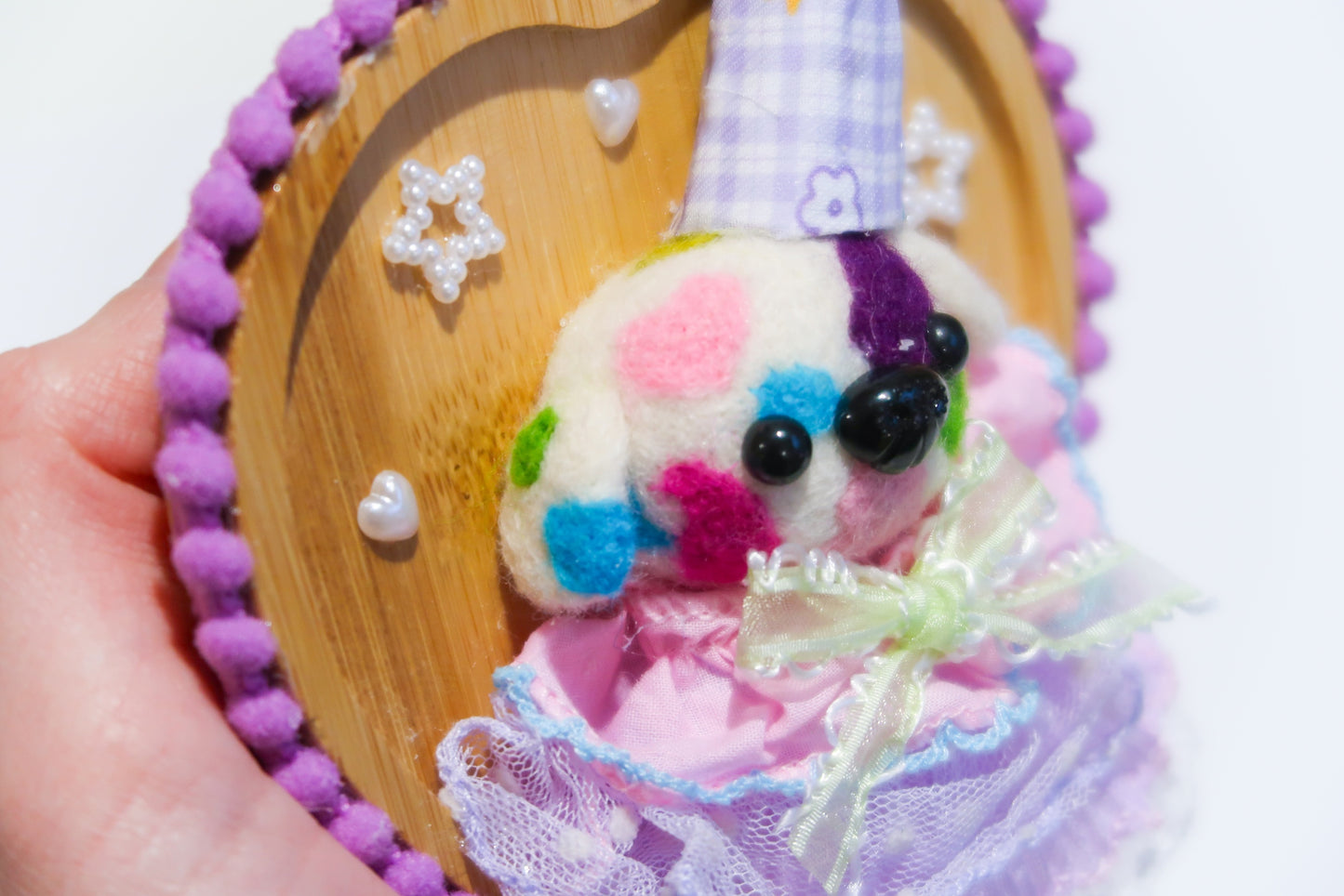 Handmade Colourful Clown Dog Needle Felted Wall Art