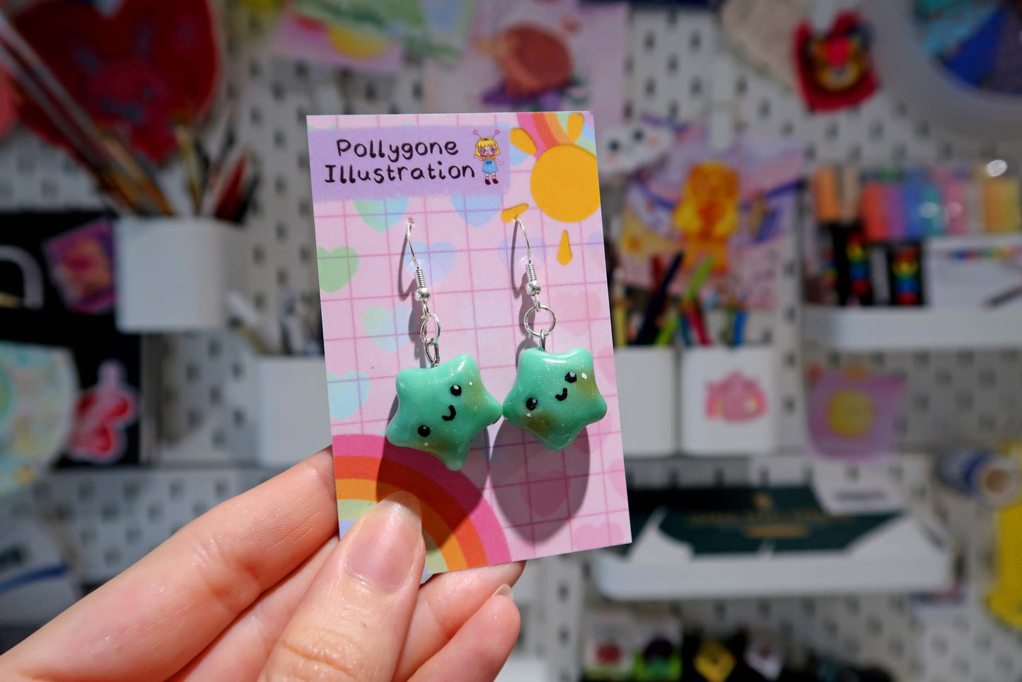 Green Shimmer Star Earrings (sterling silver plated, hypoallergenic)