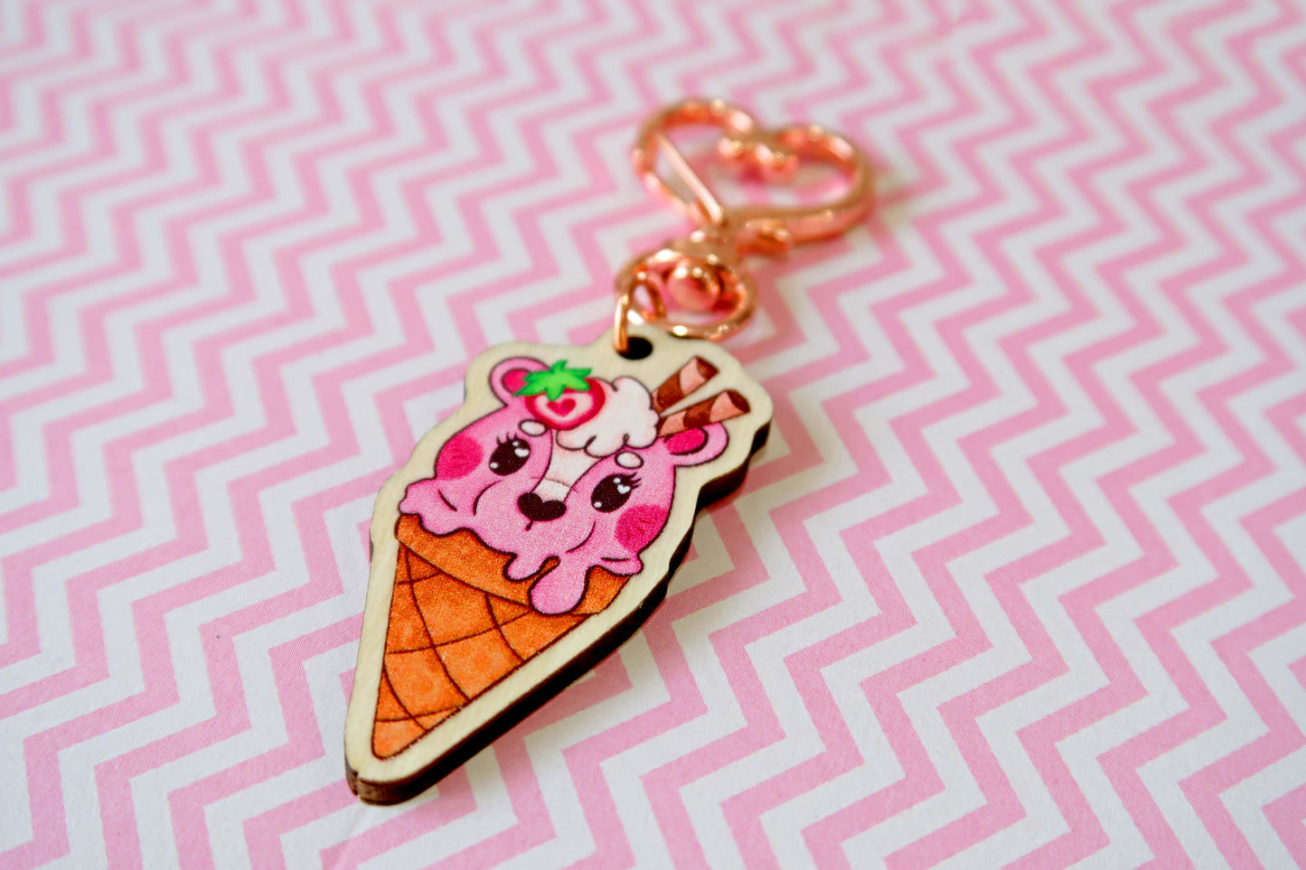 Wooden Strawberry Skunk Ice Cream Keyring