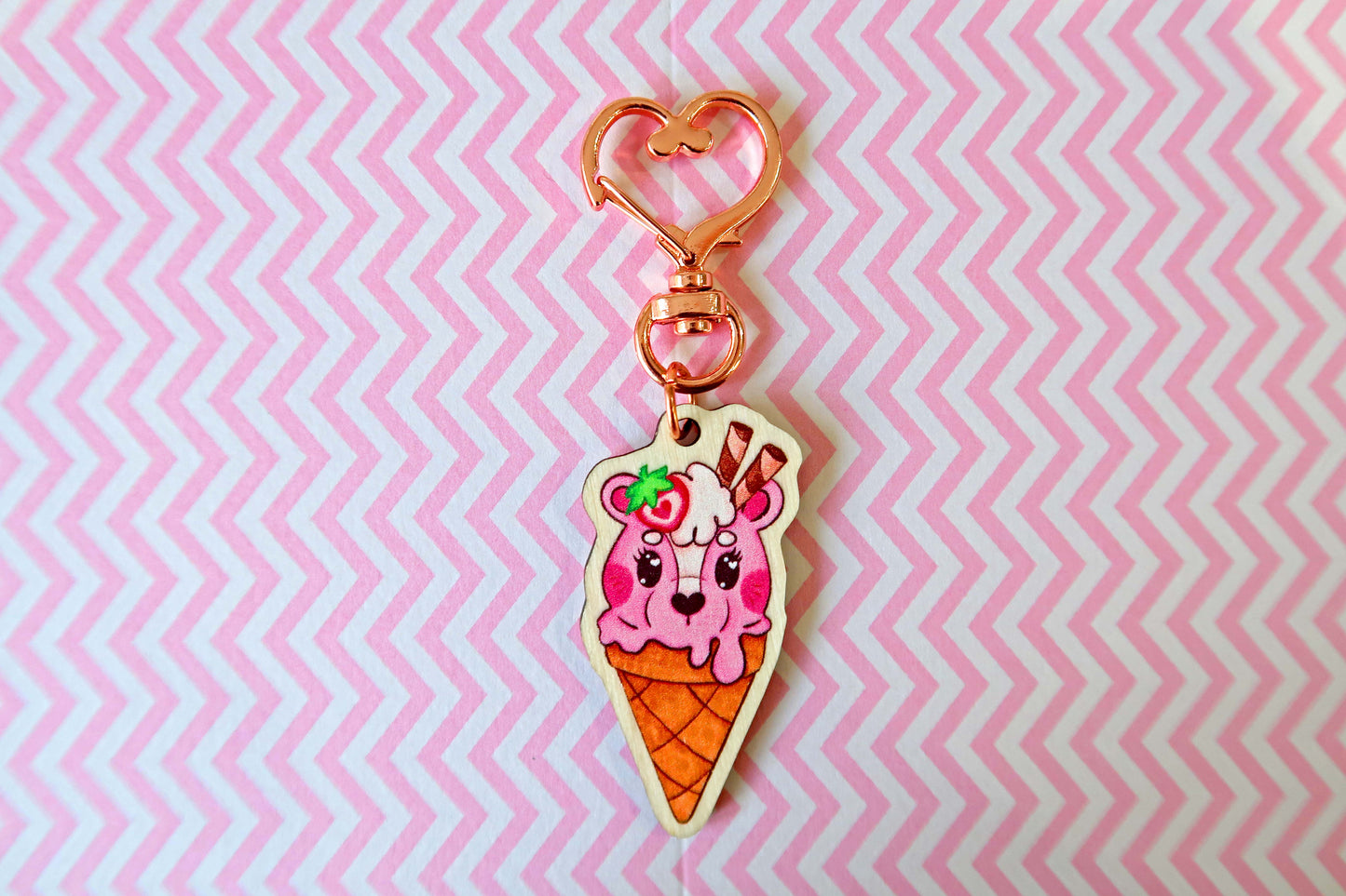 Wooden Strawberry Skunk Ice Cream Keyring