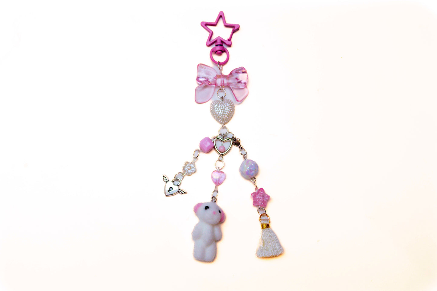 Fuzzy White & Pink Dog Beaded Keyring