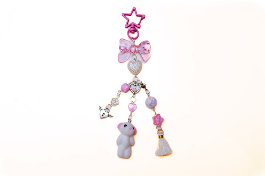 Fuzzy White & Pink Dog Beaded Keyring