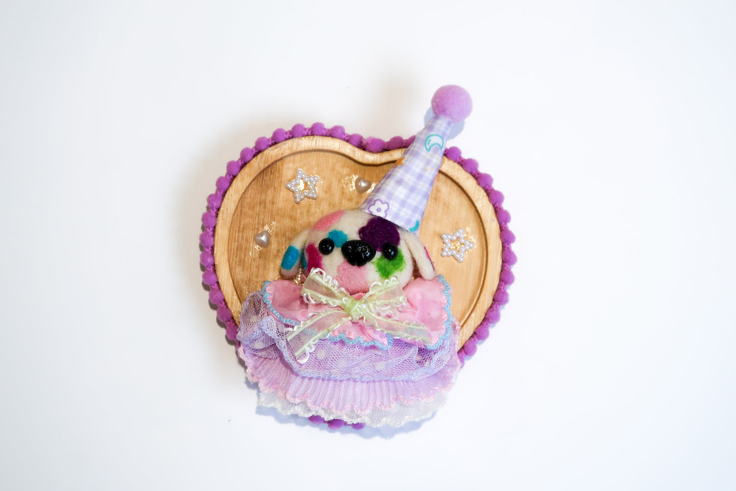 Handmade Colourful Clown Dog Needle Felted Wall Art