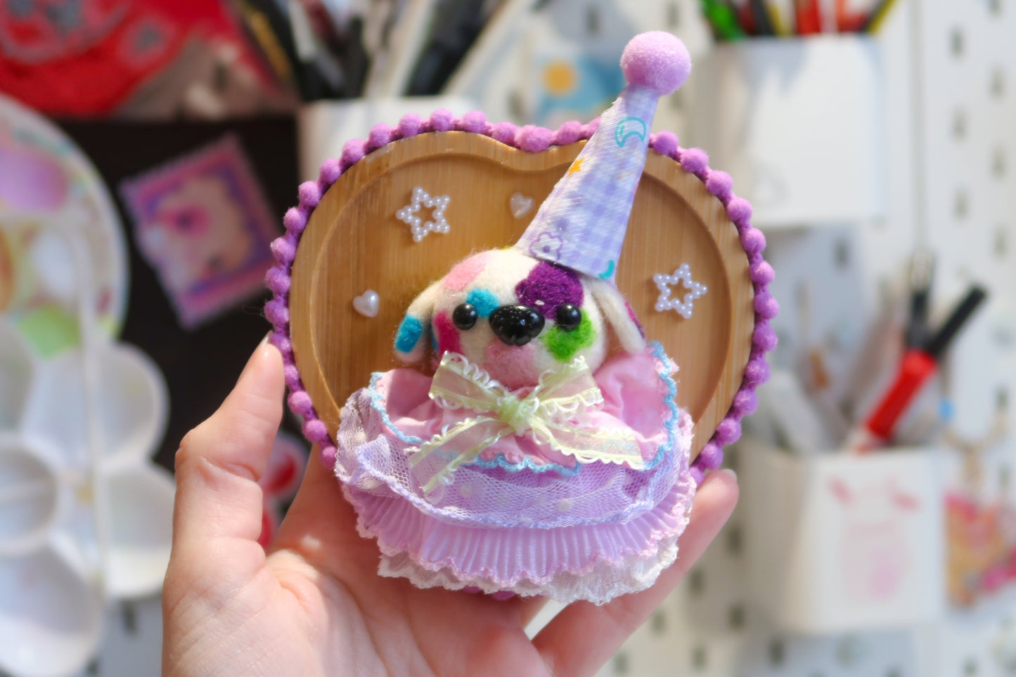 Handmade Colourful Clown Dog Needle Felted Wall Art