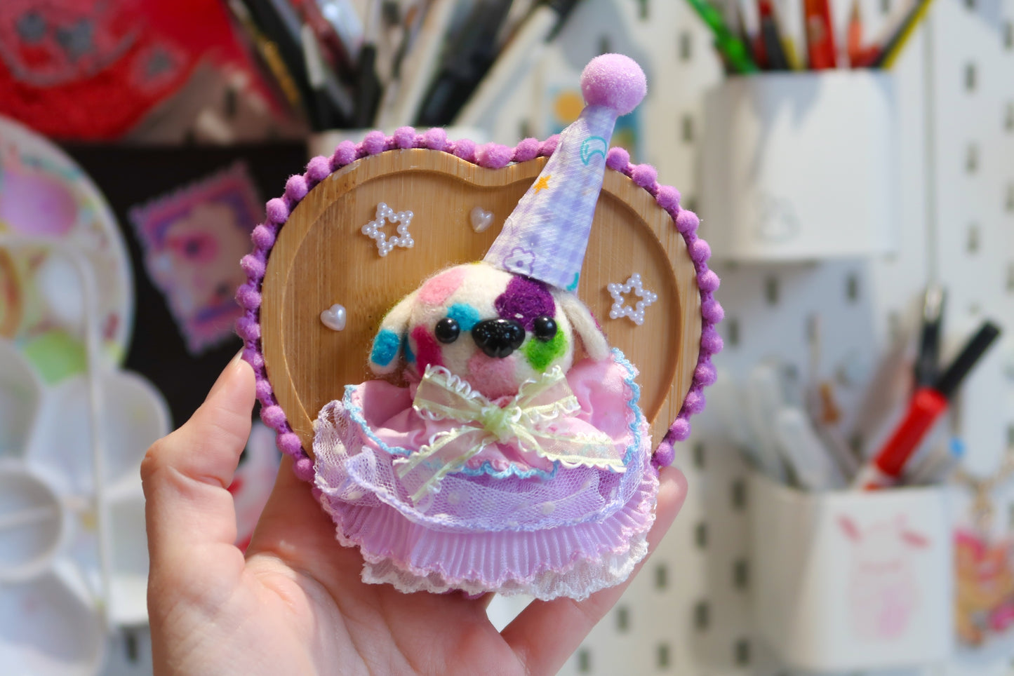 Handmade Colourful Clown Dog Needle Felted Wall Art