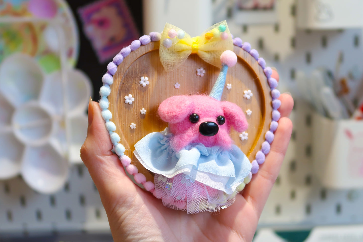 Handmade Pink Clown Dog Needle Felted Wall Art