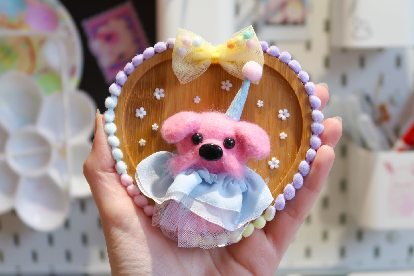 Handmade Pink Clown Dog Needle Felted Wall Art