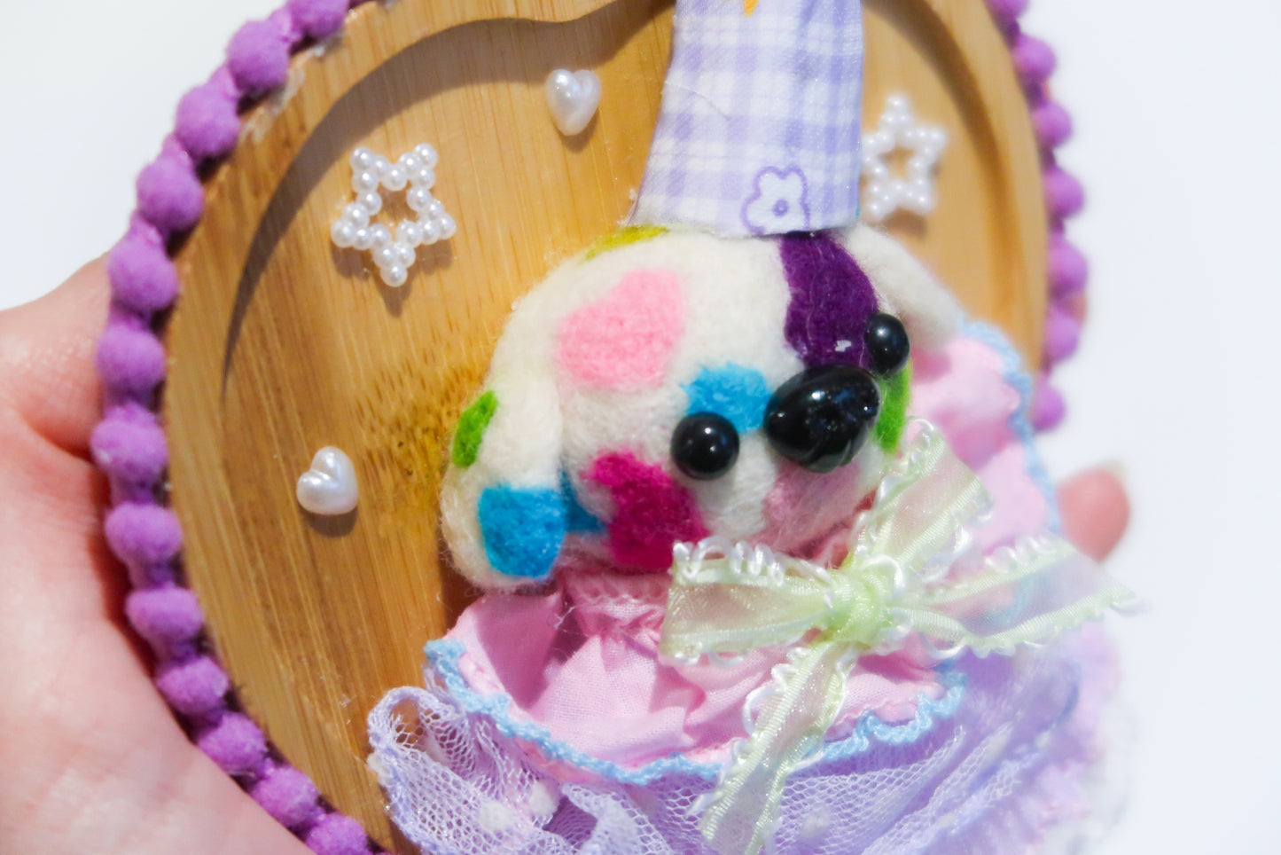 Handmade Colourful Clown Dog Needle Felted Wall Art