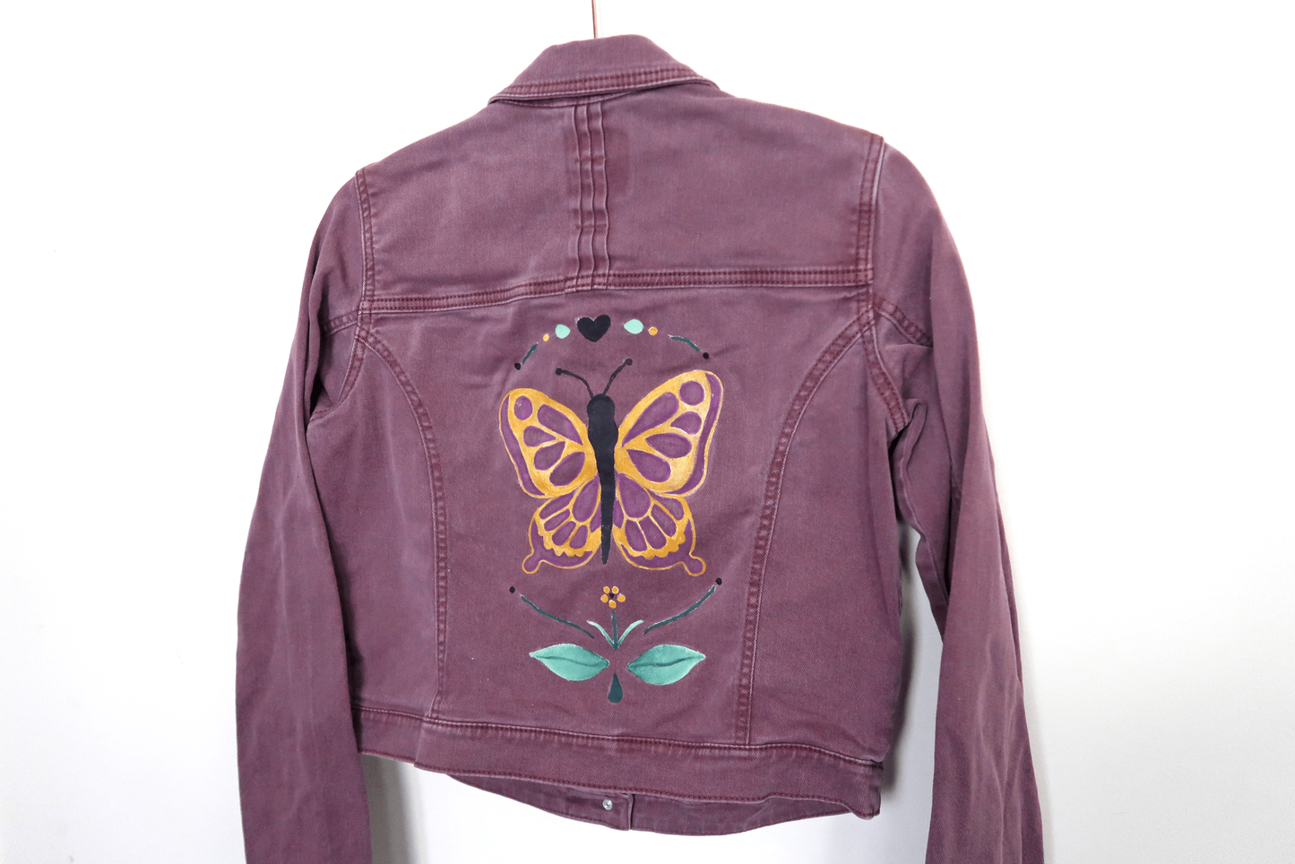 Purple Butterfly Denim Jacket - Hand Painted - UK Size 8