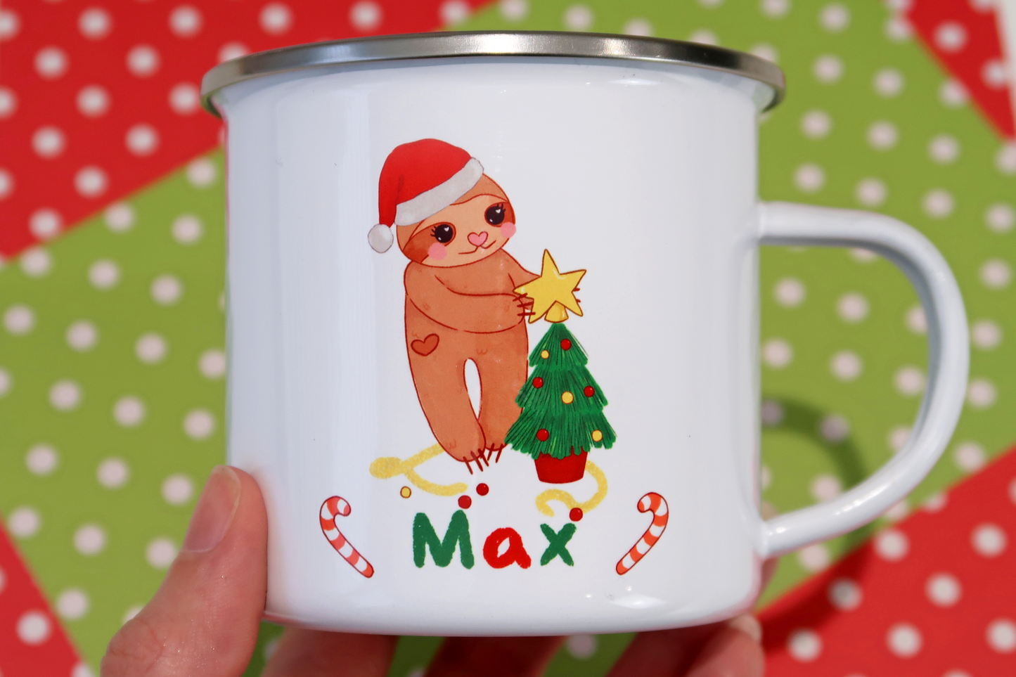 Sloth Personalised Name Christmas Tree Unbreakable Enamel Mug