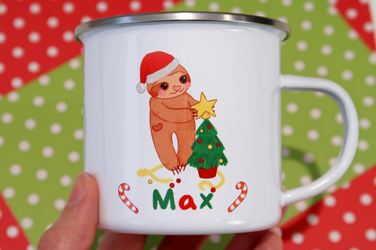 Sloth Personalised Name Christmas Tree Unbreakable Enamel Mug