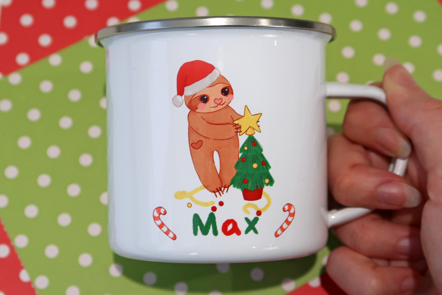Sloth Personalised Name Christmas Tree Unbreakable Enamel Mug