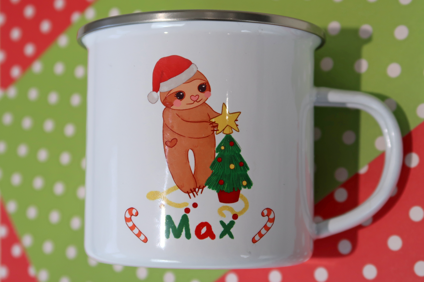 Sloth Personalised Name Christmas Tree Unbreakable Enamel Mug