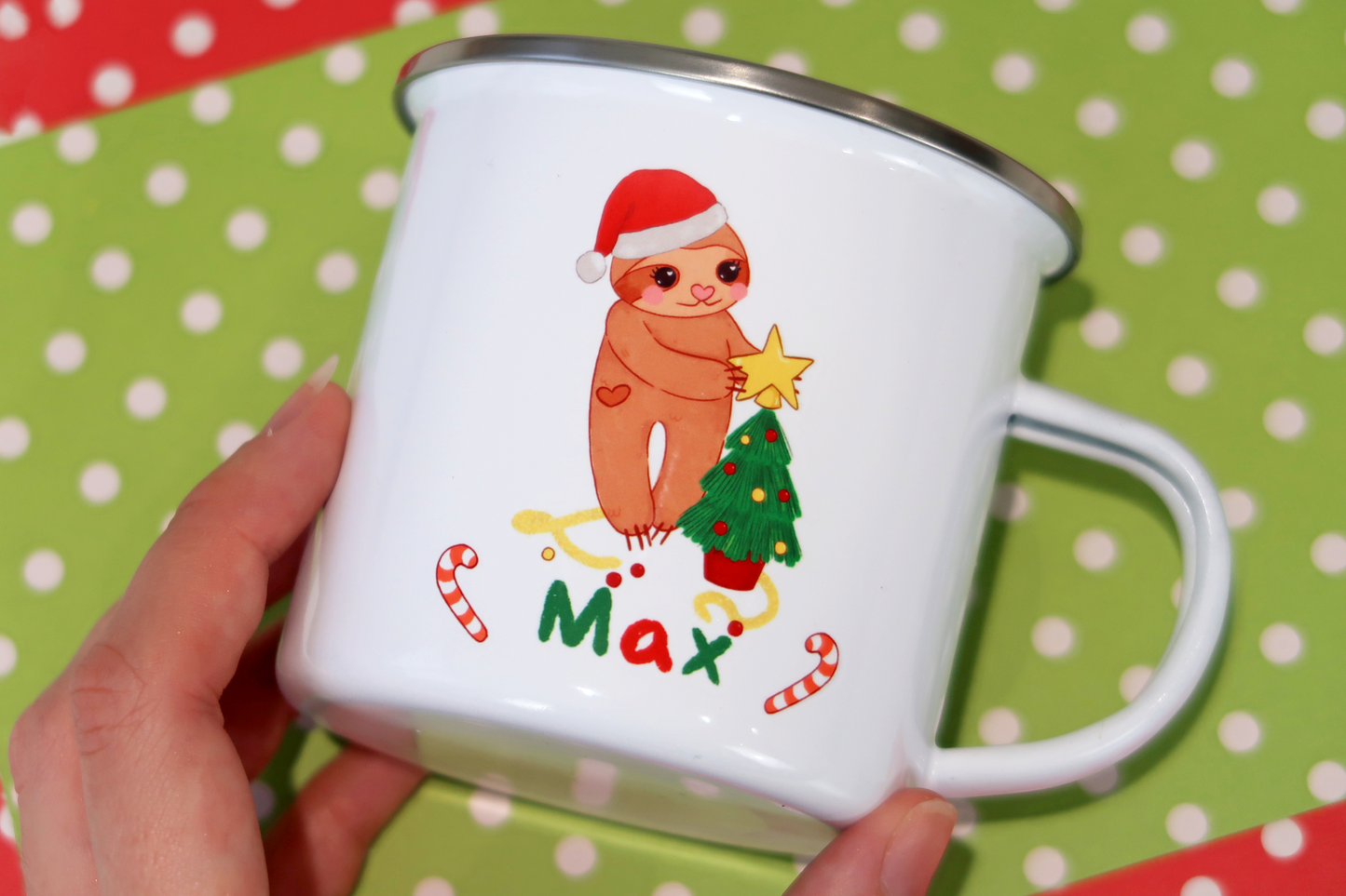 Sloth Personalised Name Christmas Tree Unbreakable Enamel Mug