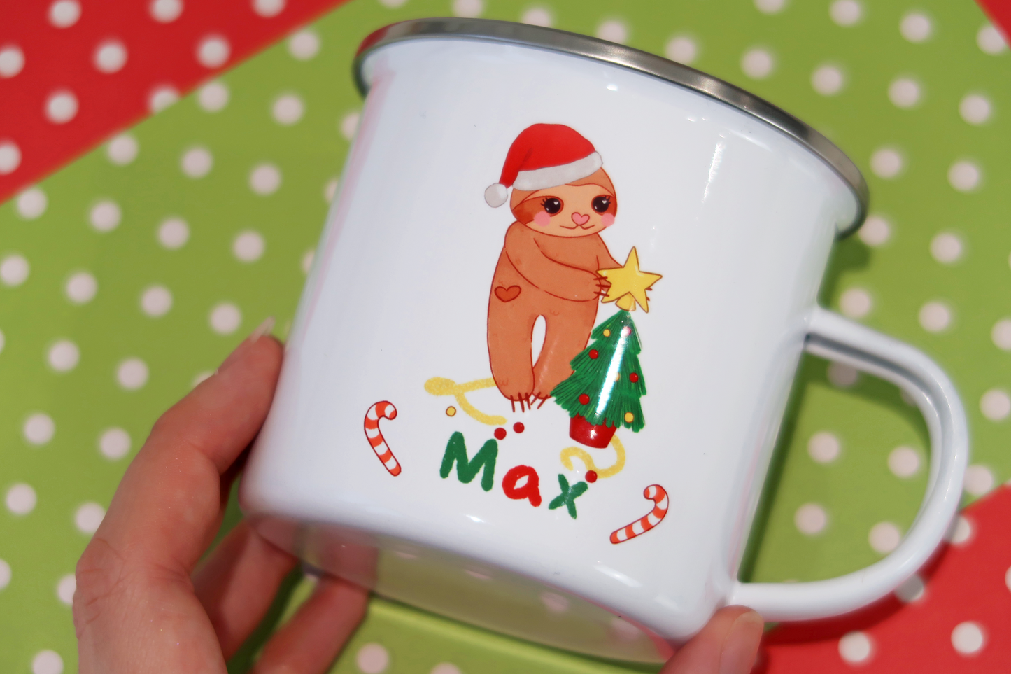 Sloth Personalised Name Christmas Tree Unbreakable Enamel Mug