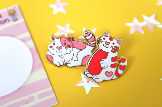 Enamel Love Heart Cat Pins Set ( 1 Sitting & 1 Standing Cat)